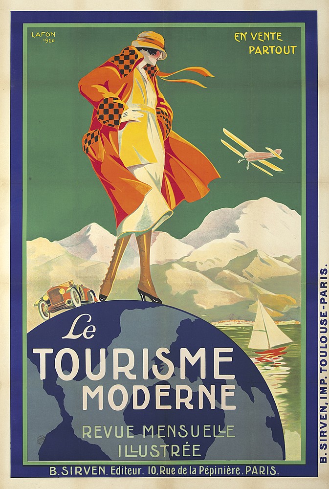 Le Tourisme Moderne, woman stands on top of a globe