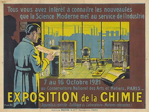 Exposition de la Chimie, brown poster, man in a lab