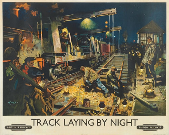 Track Laying by Night, train track, British Railways