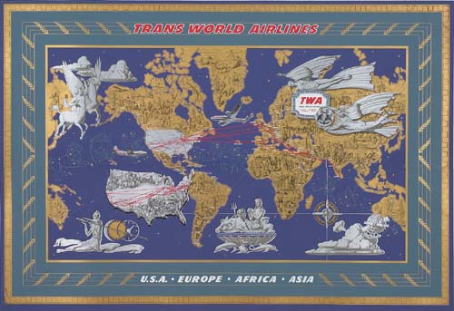Trans World Airlines, USA Europe Afria Asia, blue poster, map