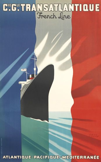 Cie Gle Transatlantique French Line, French flag, black ship, Atlantique