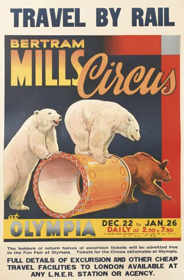 Travel by Rail, Bertram Mills Circus, polar bears, Olympia