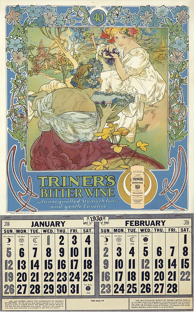 Triner’s Bitter Wine, blue border, calendar