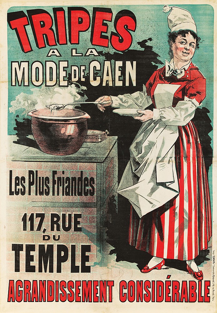 Tripes a la Mode de Caen, green poster, woman in red cooking