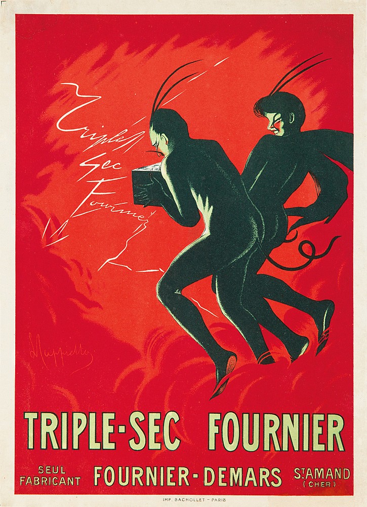 Triple-Sec Fournier, red poster, men in black