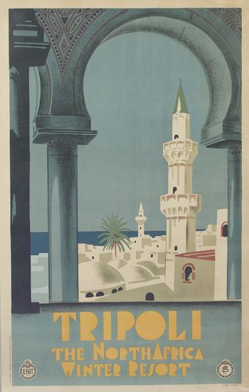 Tripoli The North Africa Winter Resort, blue poster, white buildings