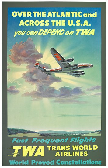 Fast Frequent Flights, TWA, Over the Atlantic, silver plane