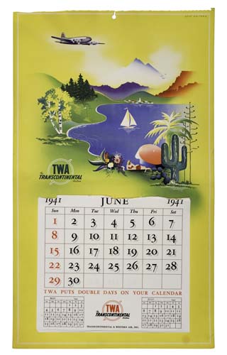 TWA, June calendar, yellow poster