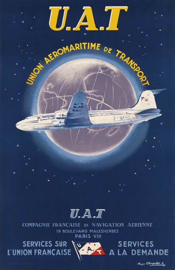 U.A.T. Union Aeromaritime de Transport, night sky, white plane