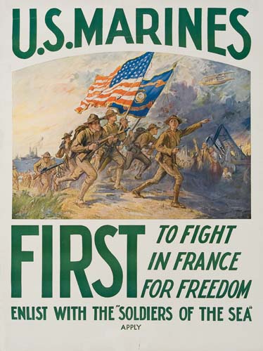 U.S. Marines First, soldiers run with flags