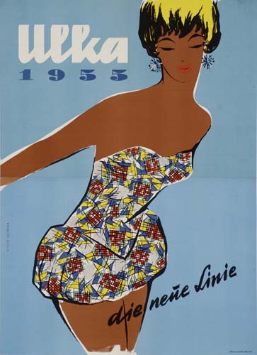 Ulka 1955, Die Nene Linie, woman In multi-colored dress, blue poster