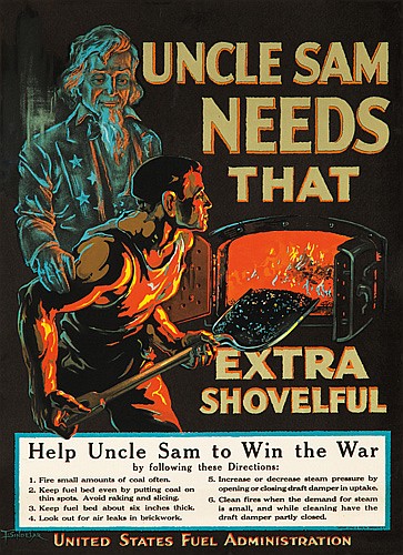 Unce Sam Needs That Extra Shovelful, man shovels coal on the fire
