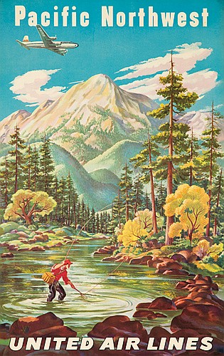 United Air Lines Pacific Northwest, fishermen, mountains