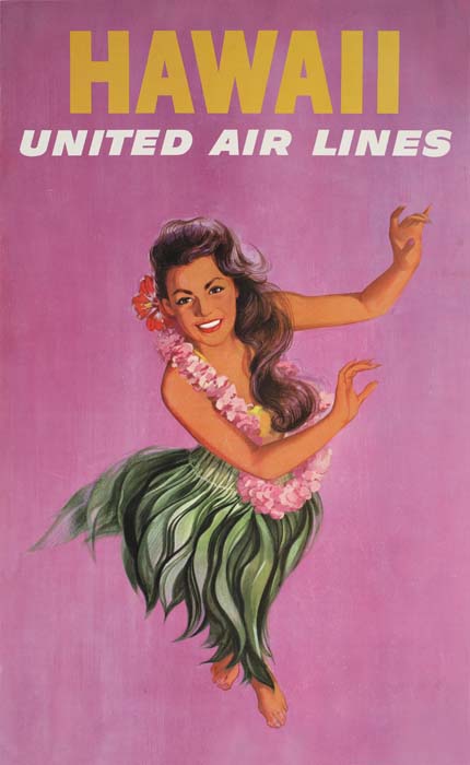 United Air Lines, Hawaii, pink poster, hula girl