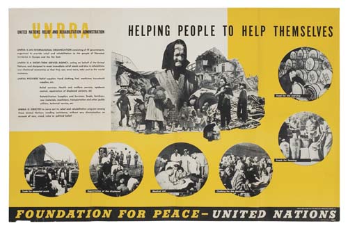 United Nations Helping People, yellow and white poster, photographs
