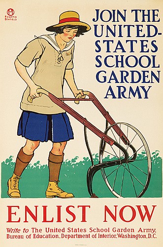 United States School Garden Army, Enlist Now, woman plowing