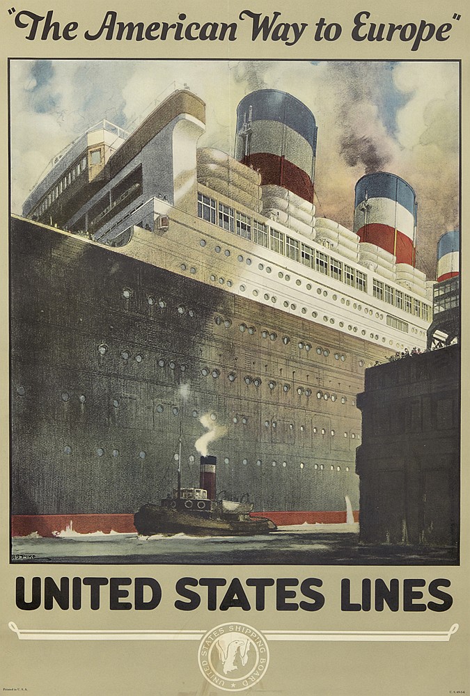 United States Lines The American Way to Europe, black and white ship