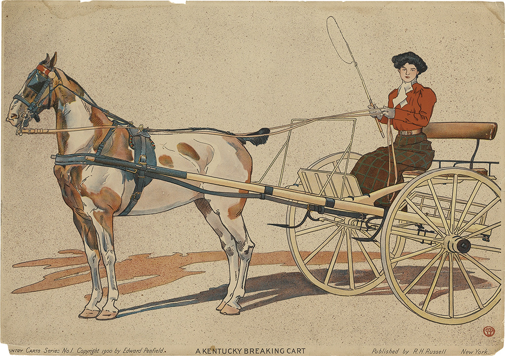 Woman in red in a horse-drawn carriage