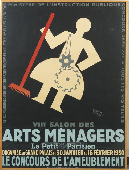 Arts Menagers, black poster, man with a rake