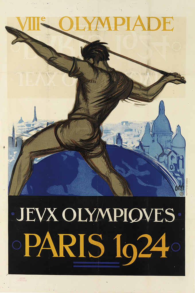 Jeux Olympiques Paris 1924, blue globe, man throws spear