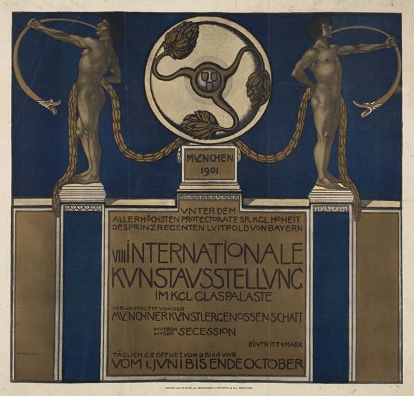 VII Internationale Kunstausstellung, blue poster, statues of men with snakes