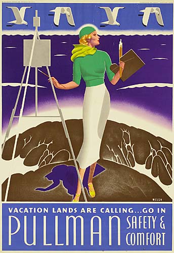 Vacation Lands are Calling Go in Pullman Safety and Comfort, woman in green painting