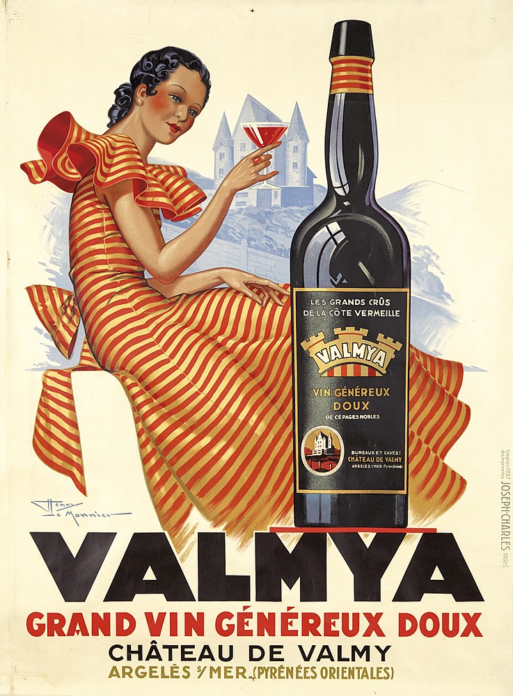 Valmya Grand vin, woman in striped dress, wine