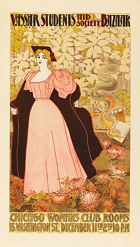 Vassar Students Mid Society Bazar, woman in pink, yellow flowered poster