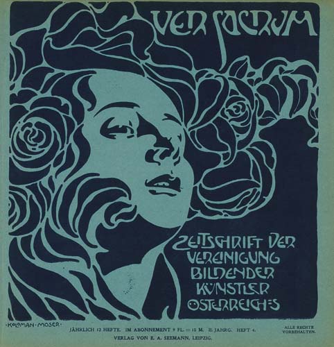 Ver Sacrum Zeitschrift, blue poster, woman with flowers in her hair