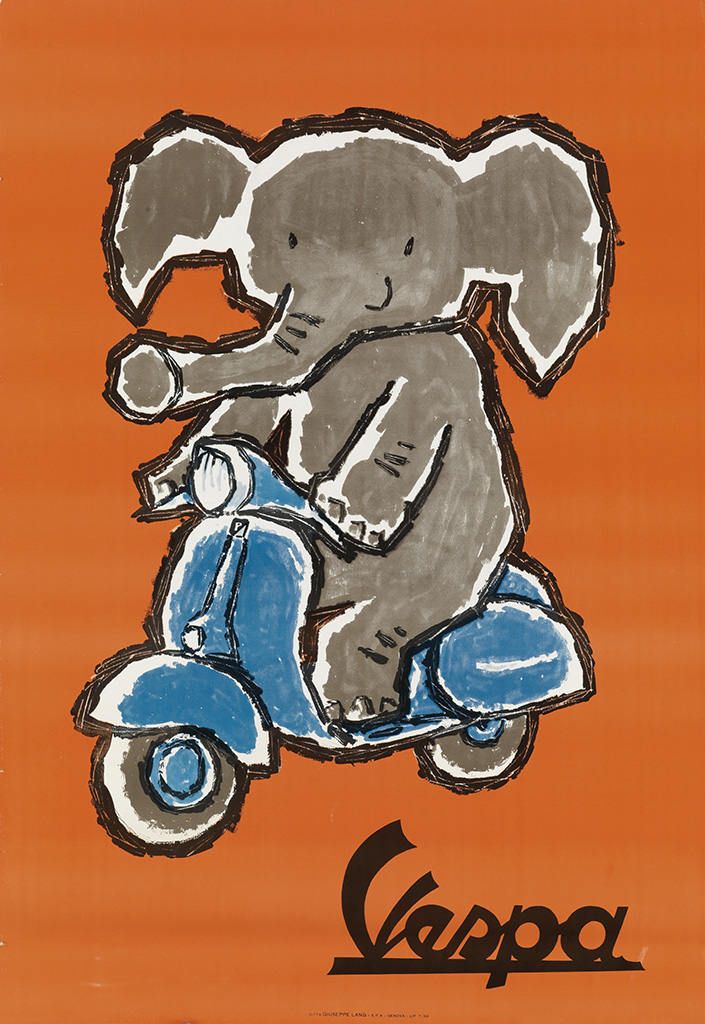 Vespa, elephant on motorcycle, orange poster
