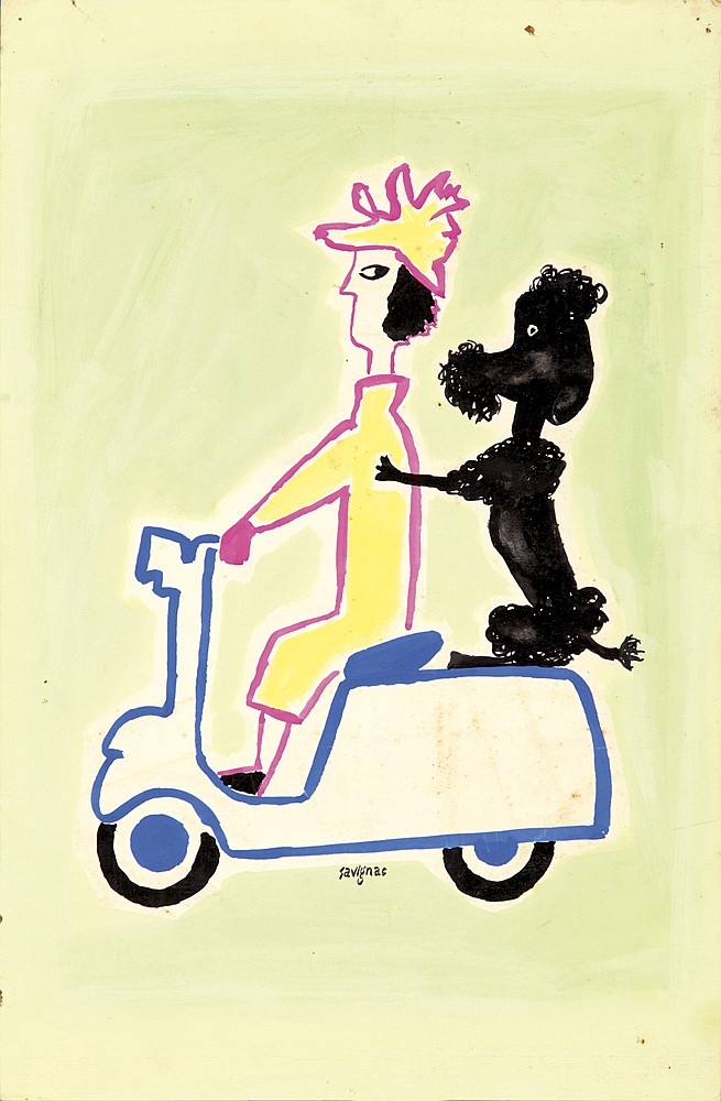 White poster, woman and poodle