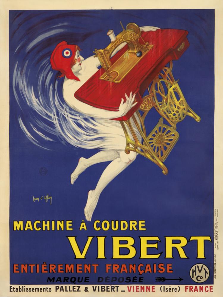 Machine a Doudre Vibert, blue poster, woman with a sewing table