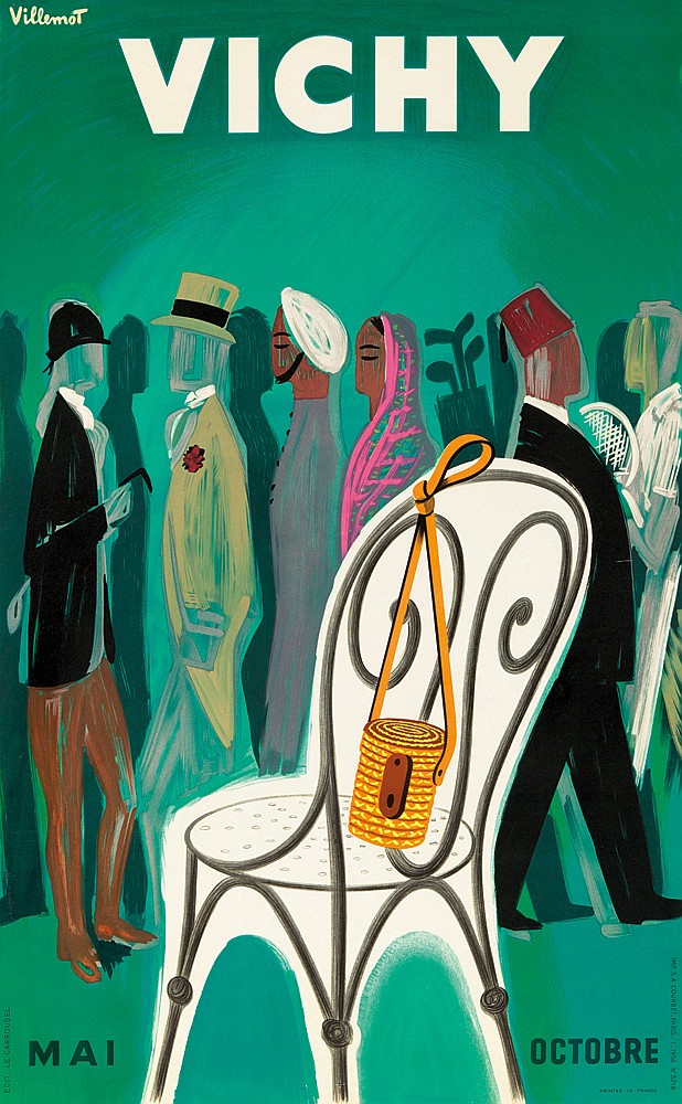 Villemot Vichy Mai Octobre, green poster, white chair