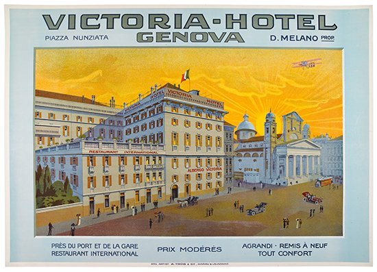 Victoria-Hotel Genova, yellow poster, large white building