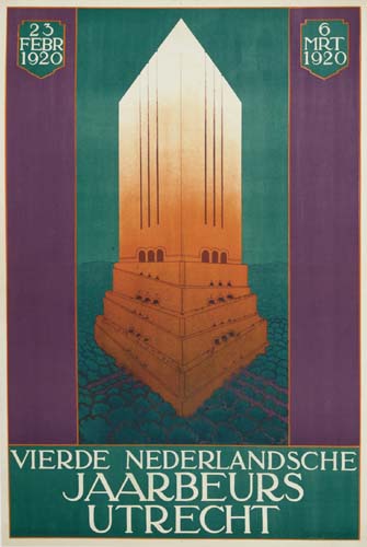 Vierde Nederlandsche Jaarbeurs Utrecht, building, purple and blue poster