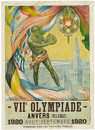 VII Olympiade, man with flags