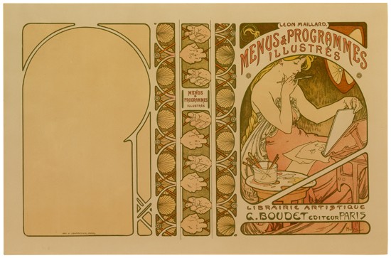 Menus and Programmes Illustres, Librairie Artisitque G. Boudet, woman in pink painting, two pages