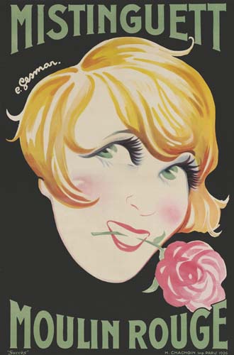 Mistinguett Moulin Rouge, black poster, woman hold rose in her teeth