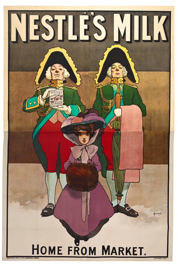 Nestle’s Milk, Home from Market, woman in purple, men in green uniforms