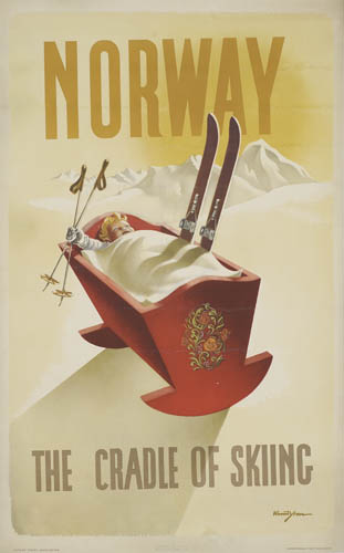 Norway, The Cradle of Skiing, baby in a red crib
