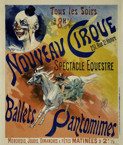 Nouveau Cirque Ballets Pantomimes, woman on white horse, clown