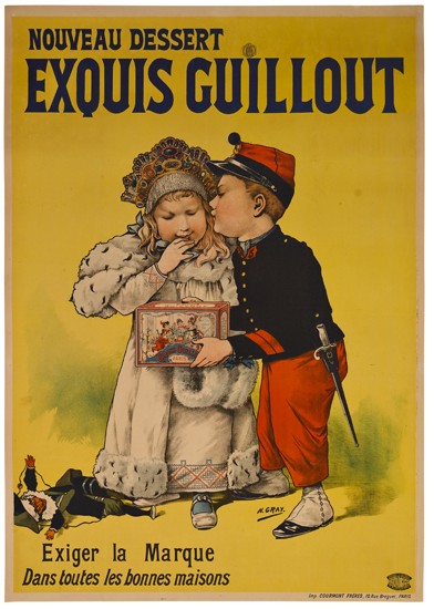 Nouveau Dessert Exquis Guillout, yellow poster, children