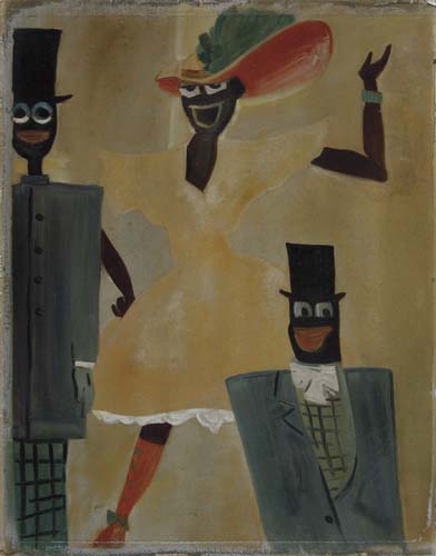Oil painting, African American men in suits, woman in yellow dress