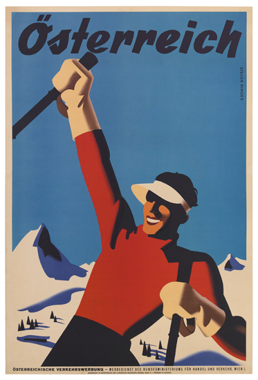 Osterreich, blue poster, man in red skiing