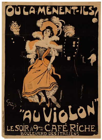 Oula Menent-Ils, Au Violon, black poster, two officers, woman in red