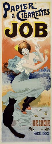 Papier a Cigarettes Job, long poster, woman in white, black cat