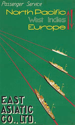 North Pacific West Indies Europe, green poster, ships