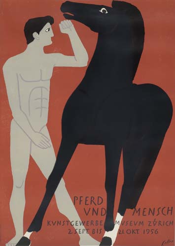 Pferd Und Mensch, red poster, nude man, black horse