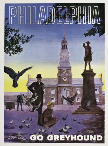 Philadelphia Go Greyhound, couple, birds, statues