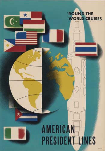 American President Lines, white ship, country flags